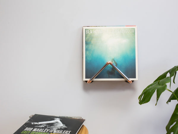 Vinyl record wall display – Handmade from chrome & copper pipe