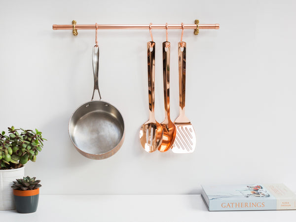 Copper pipe utensil and pan hanging rail - Solid brass fittings